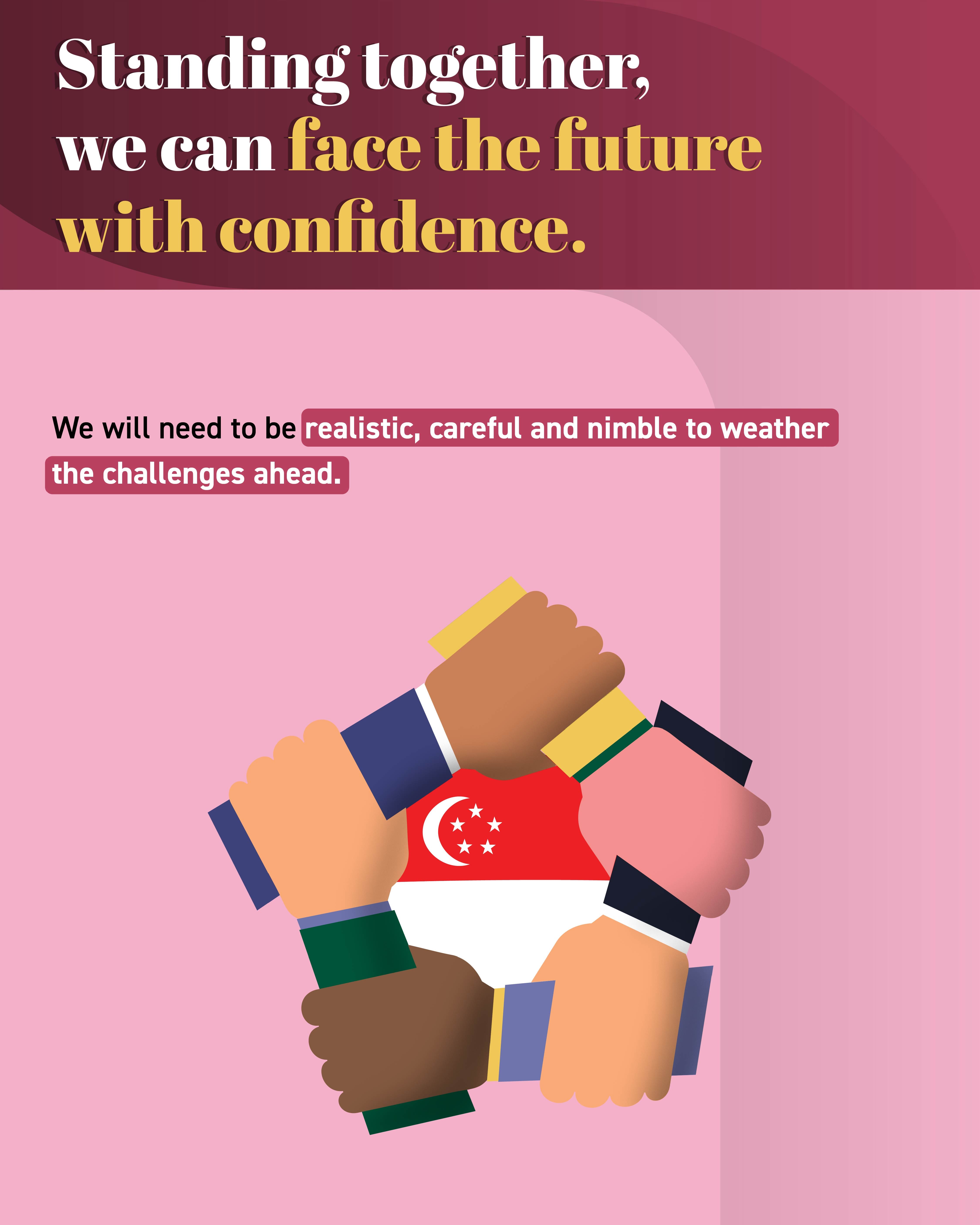 Diverse hands encircle the Singapore flag. Text above reads of unity.